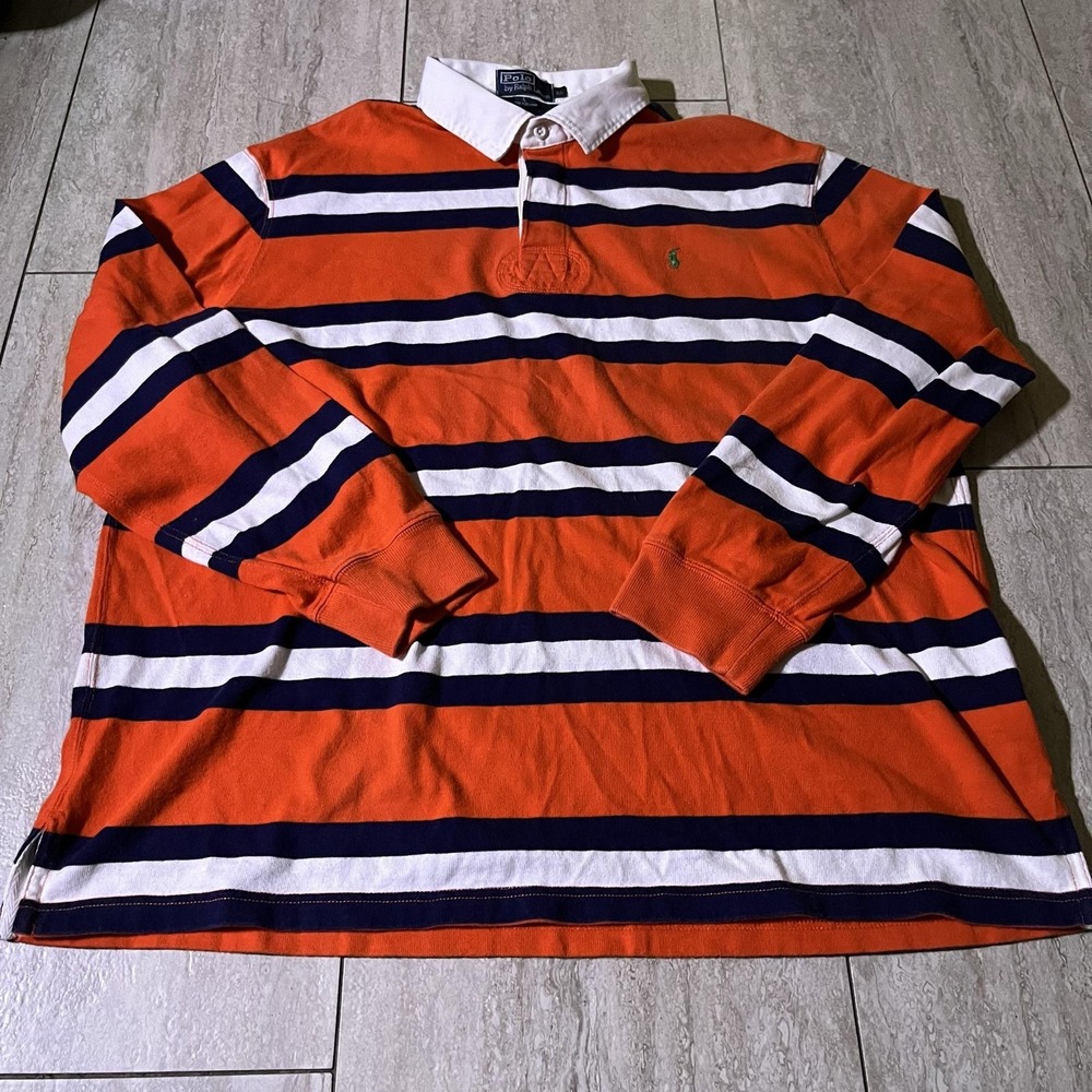 Polo Ralph Lauren Rugby Shirt Mens XL Orange Navy Stripe Long Sleeve Polo Pony
